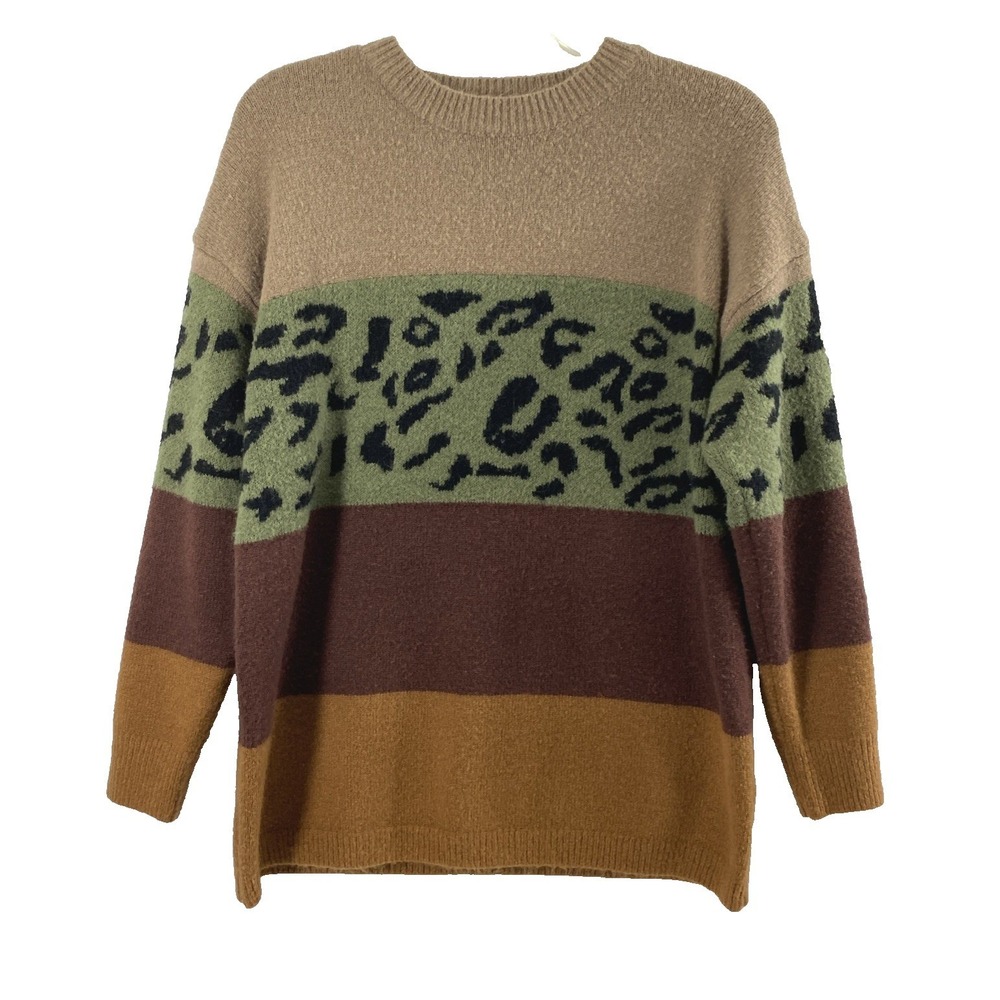 Womens Sweater Size M  Colorblock‎ Leopard Print Crewneck Knit Earthy Boho Soft